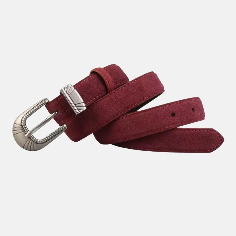 THE BELT in red suede with an engraved pin buckle
